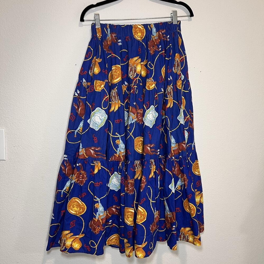Shelbi Ranch Western Skirt One Size Blue Stretch Waist Tiered Cowboy Vintage USA